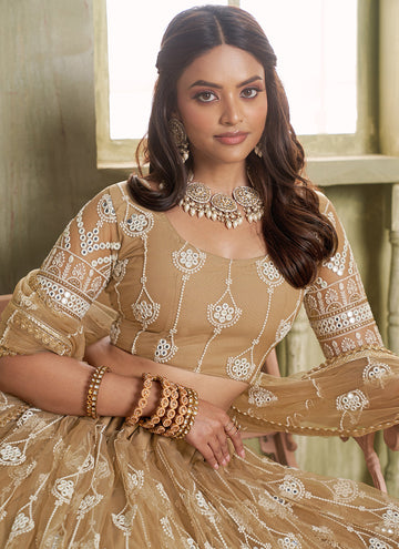 Fascinating Beige Net Thread Embroidered Lehenga Choli With Dupatta